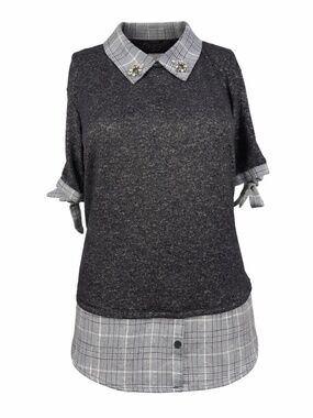 Misia Layered Knit Top Plaid Hem Embellished Collar Size S
